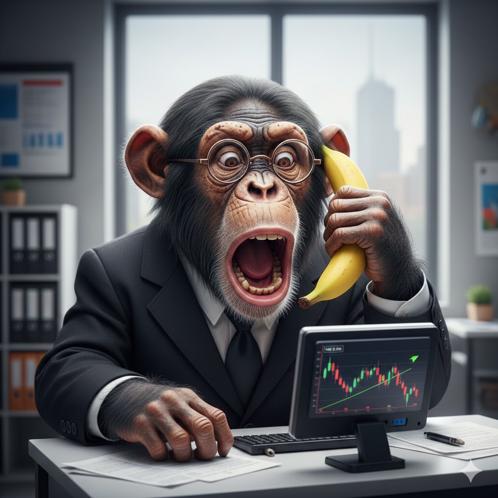 "Hooman, the market is going bananas! 🍌 Stocks are soaring, and you're still just staring at the screen? I&rsquo;m taking matters into my own hands to secure my premium banana treats! Don't just watch&mdash;invest like a pro (or a chimp)!"