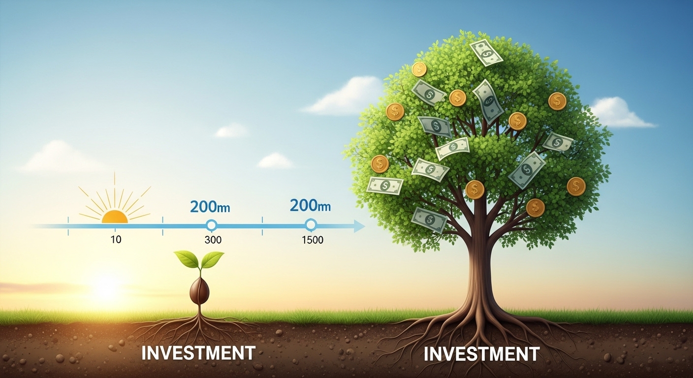 작은 씨앗이 시간이 지남에 따라 커다란 돈나무로 자라나는 복리 효과를 상징하는 일러스트.