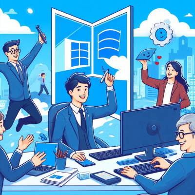 열린 창과 함께 윈도우를 사용하는 직장인들