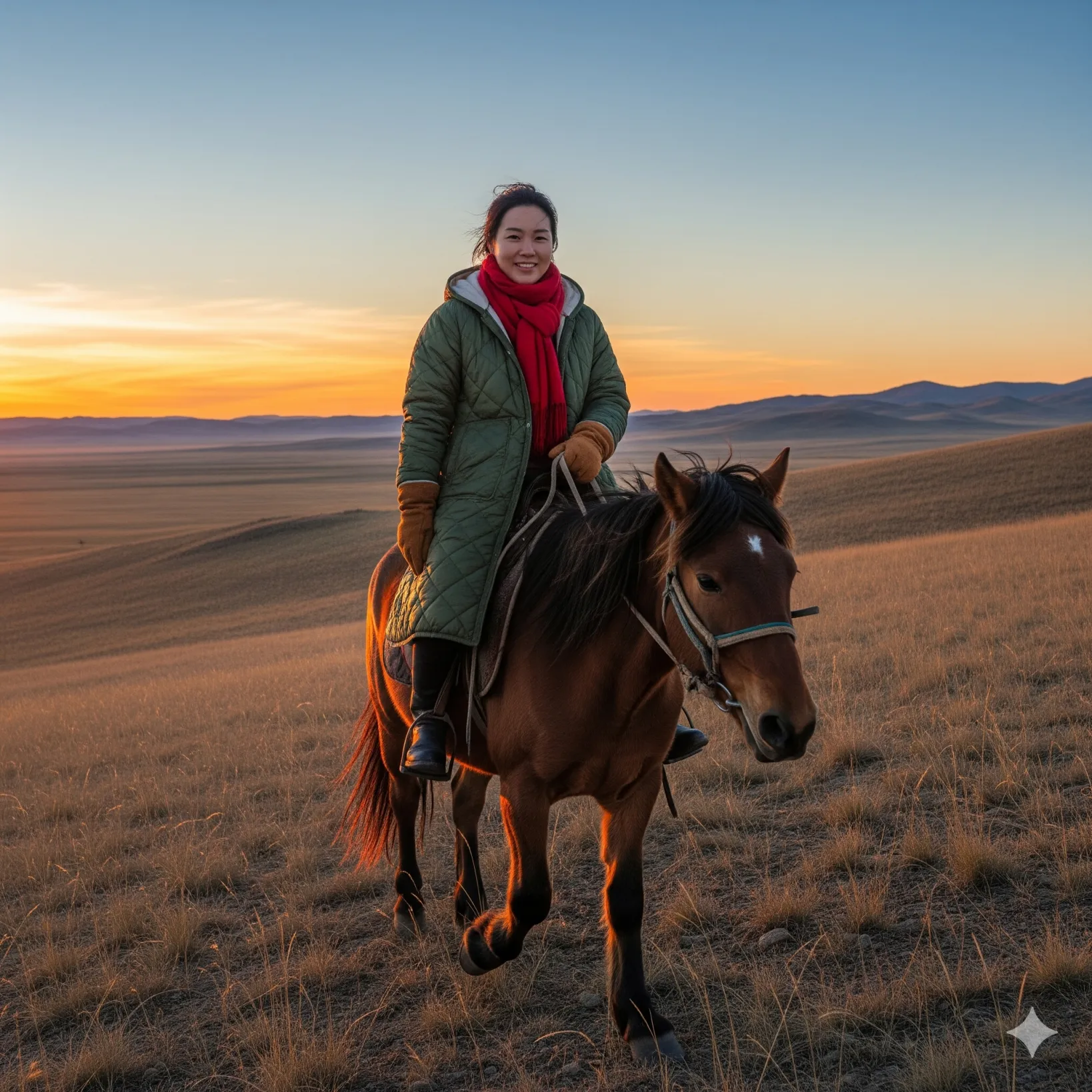 초원에서 따뜻한 겉옷을 입고 말 위에 앉아 있는 한국인 여행자