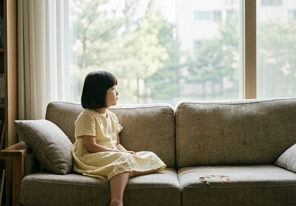 딸이 소파에 앉아 멍하니 창밖을 보는 모습