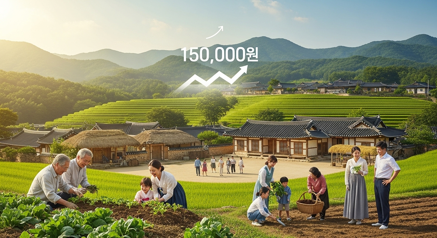 활기찬 농어촌 마을에서 다양한 세대의 주민들이 행복하게 생활하며 정부의 월 15만원 농어촌 기본소득 혜택을 받는 모습을 상징하는 이미지.