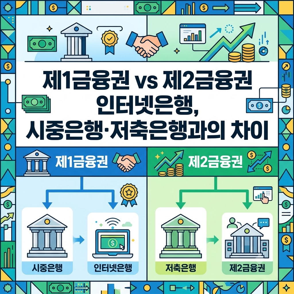 제1금융권(시중은행&middot;인터넷은행)과 제2금융권(저축은행)의 구분을 나타낸 인포그래픽 이미지.