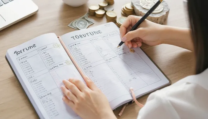다이어리에 금전운 목표를 작성하며 뱀띠 올해 운세를 정리하는 장면