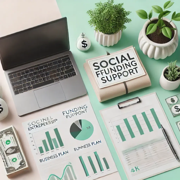 노트북, 창업 계획서, 화분, 펀딩 차트가 깔끔하게 놓인 스튜디오 컷