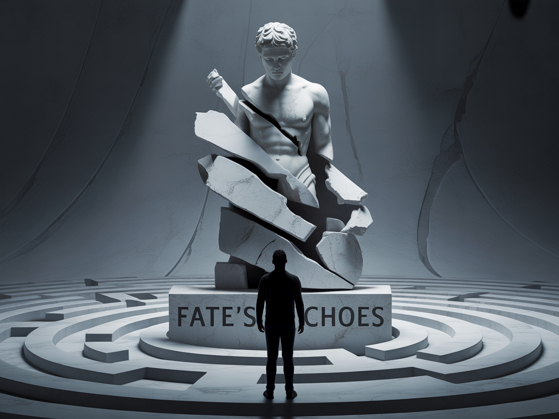 운명, 선택, 진실이라는 영원한 질문을 상징하는, 부서진 오이디푸스의 고전 그리스 조각상이나 미로를 바라보는 현대인의 실루엣.