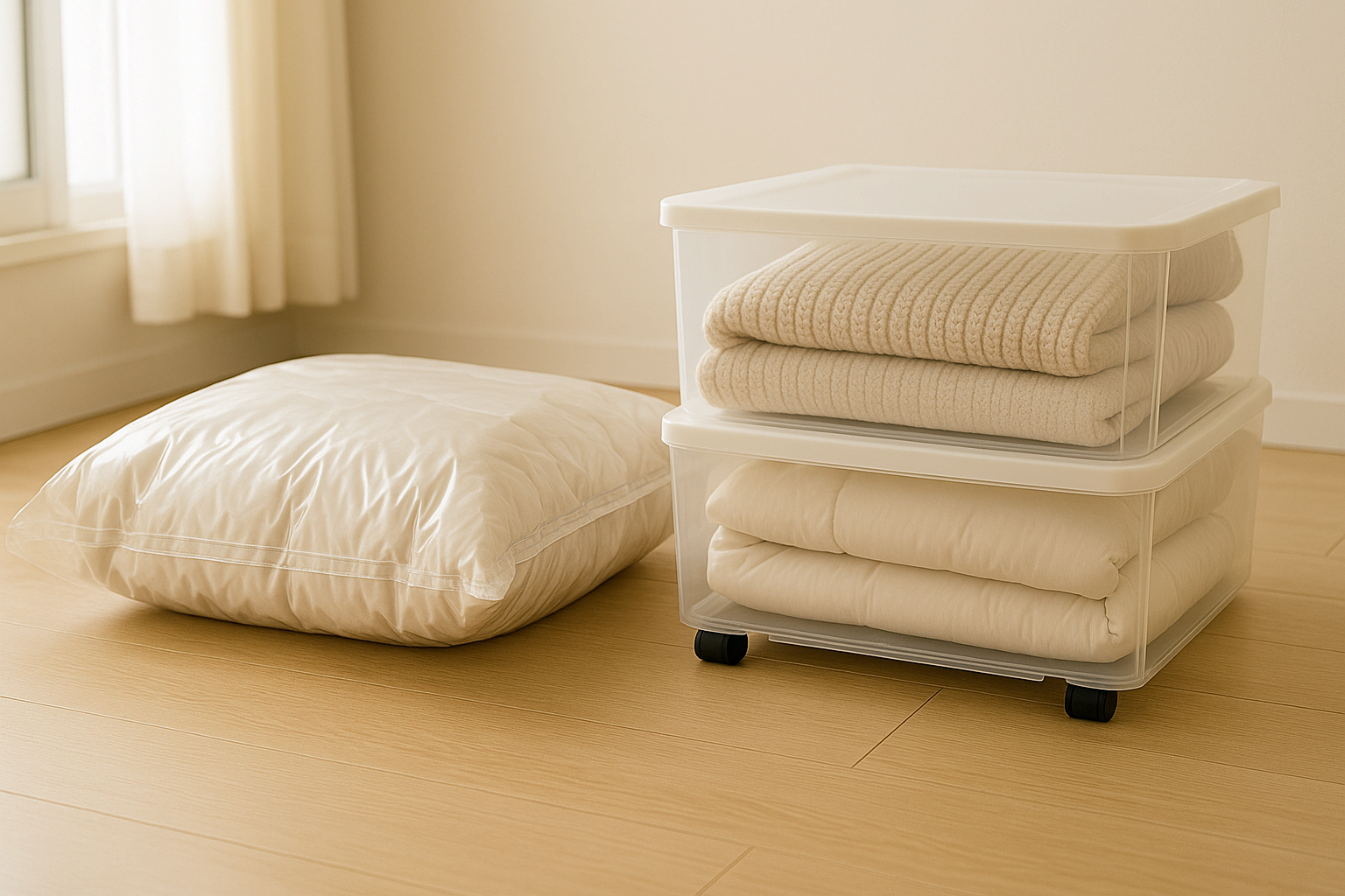 압축팩과 수납 박스로 정리된 계절 이불