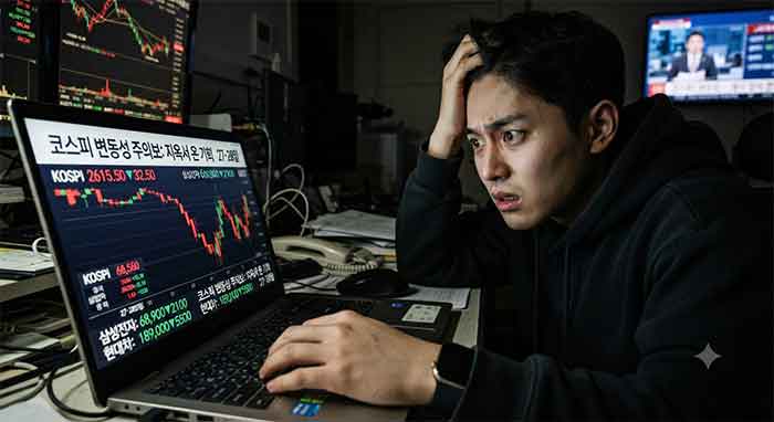 하락하는 주식창을 심각하게 바라보는 투자자.