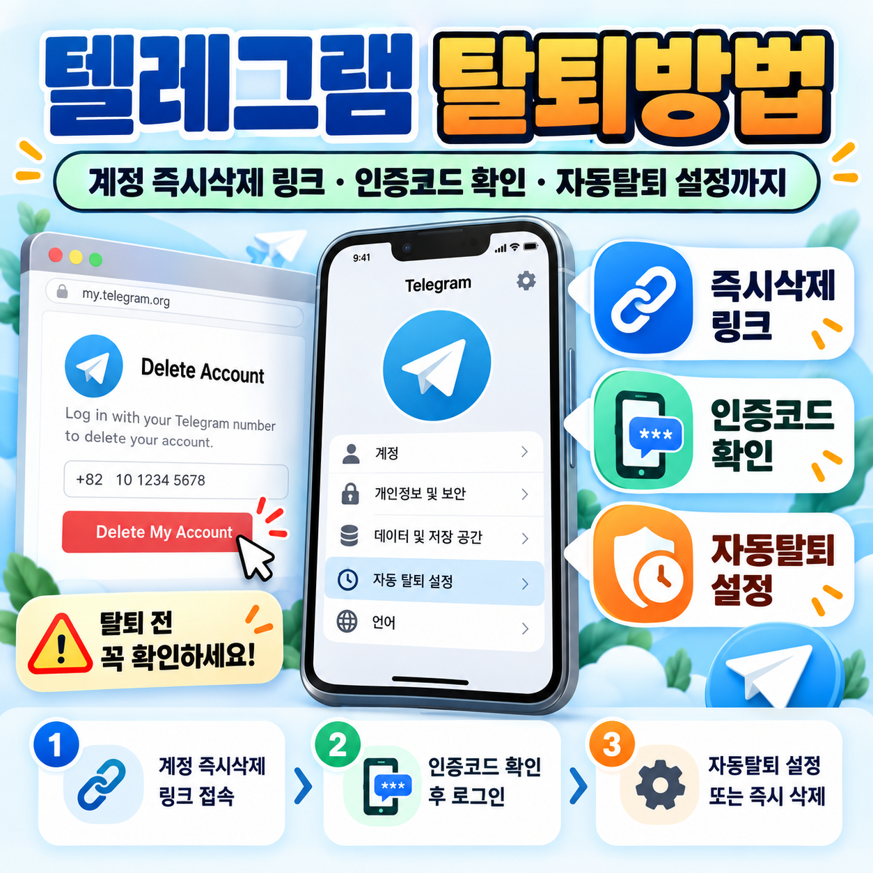 텔레그램 탈퇴방법 ❘ 계정 즉시삭제 링크·인증코드 확인, 자동탈퇴 설정까지