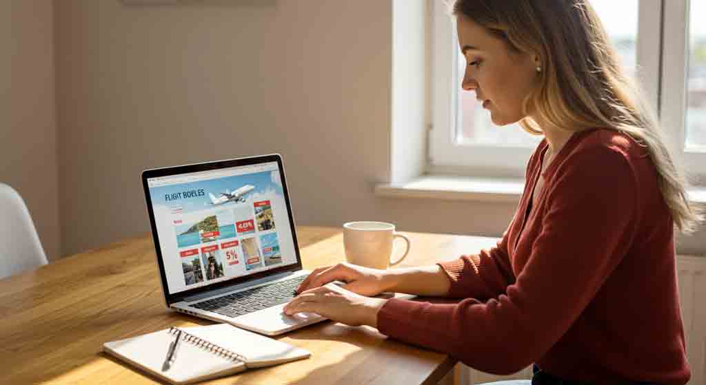 항공권 검색하는 여성 이미지