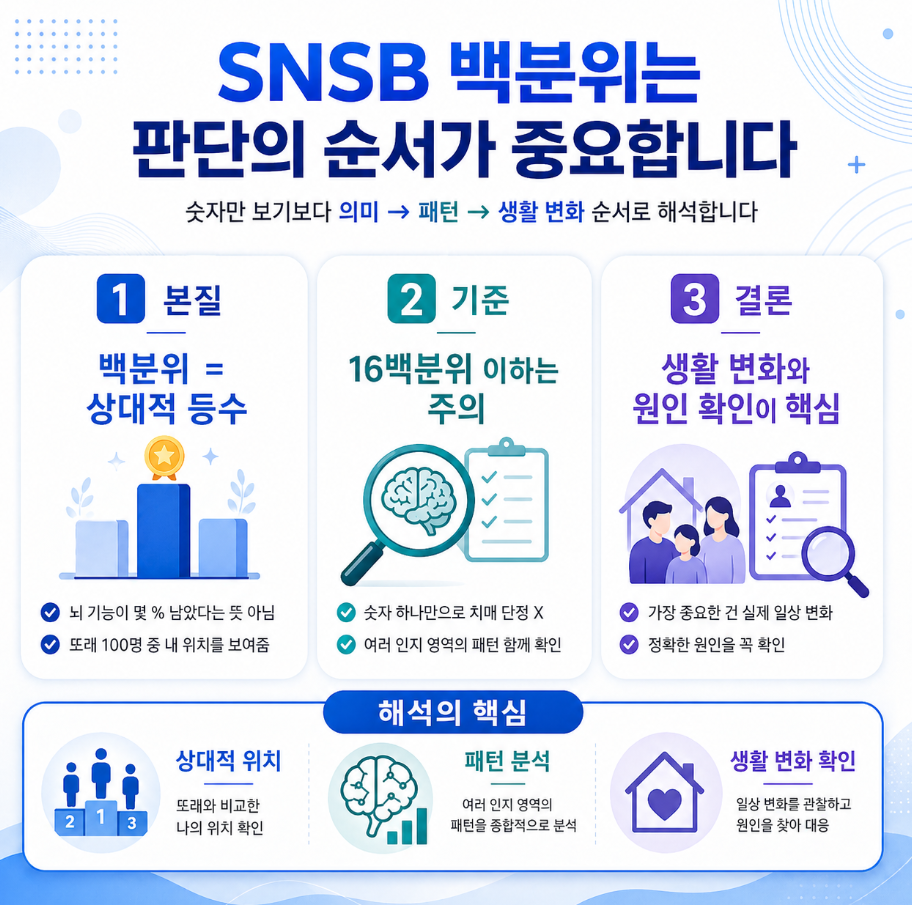 SNSB 백분위 해석은 의미, 패턴, 생활 변화 순서로 판단해야 함을 설명한 인포그래픽