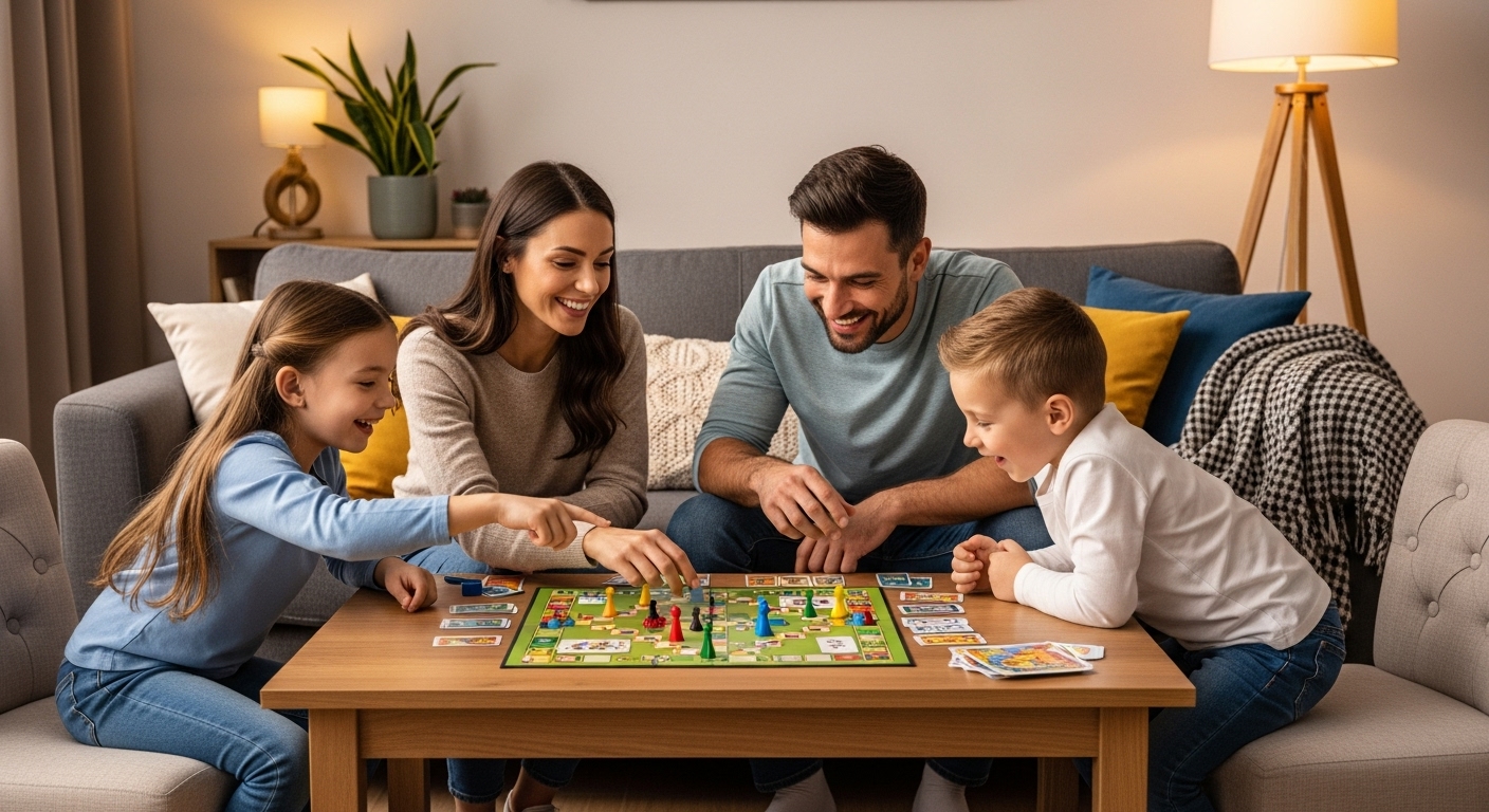 거실에서 행복하게 보드게임을 하고 있는 가족의 모습. 스마트폰 없이 즐거운 시간을 보내는 디지털 디톡스를 상징합니다.