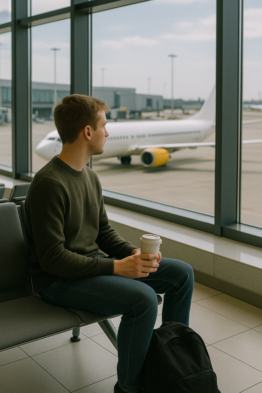 경유지에서 기다리는 장면을 표현한 공항 내부 풍경