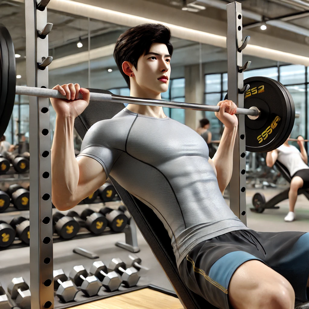 한국 남성이 헬스장에서 벤치프레스를 하는 모습, 운동복 착용, 집중된 표정, 현대적인 헬스장 내부, 웨이트 트레이닝 장면