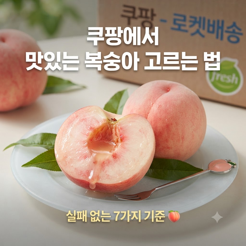 "쿠팡 로켓배송 박스 배경으로 흰 접시에 담긴 먹음직스러운 복숭아 사진. 반으로 잘린 복숭아 단면에서 과즙이 흘러내리고 있고, 옆에는 온전한 복숭아 한 알과 복숭아 모양 손잡이의 작은 포크가 놓여 있습니다. 상단에는 '쿠팡에서 맛있는 복숭아 고르는 법', 하단에는 '실패 없는 7가지 기준 🍑' 문구가 적혀 있습니다."