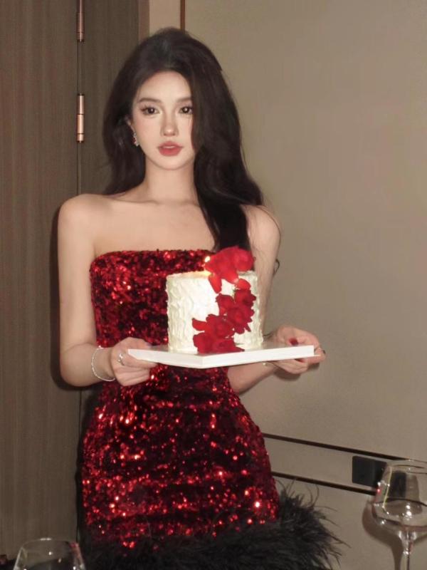 크리스마스 스팽글 원피스 파티룩 연말 드레스-레드