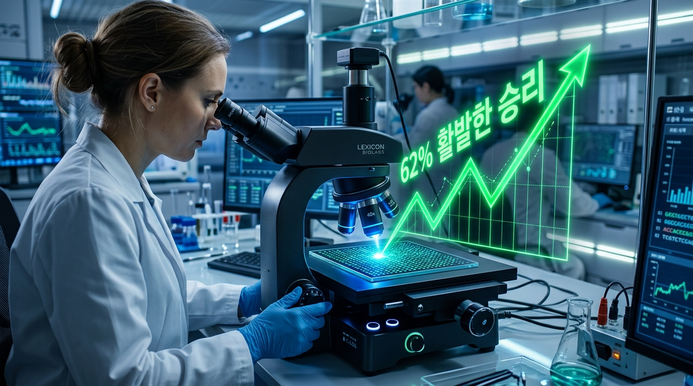 현미경으로 들여다보는 바이오 칩 위로 솟구치는 62% 수익률 그래프와 '액티브의 승리' 문구