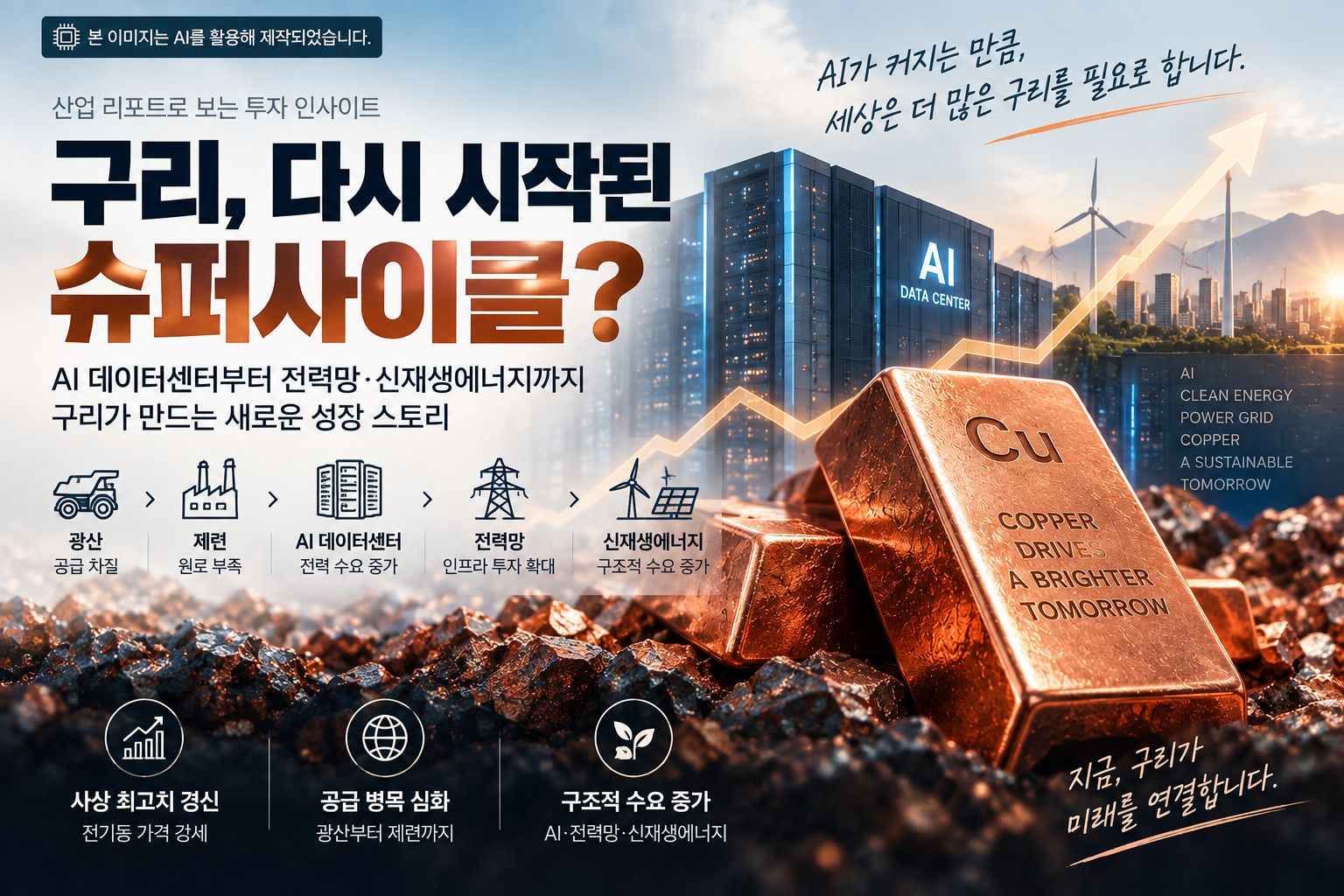 AI 데이터센터와 전력망&middot;신재생에너지 확대로 구리 수요가 증가하는 구리 슈퍼사이클