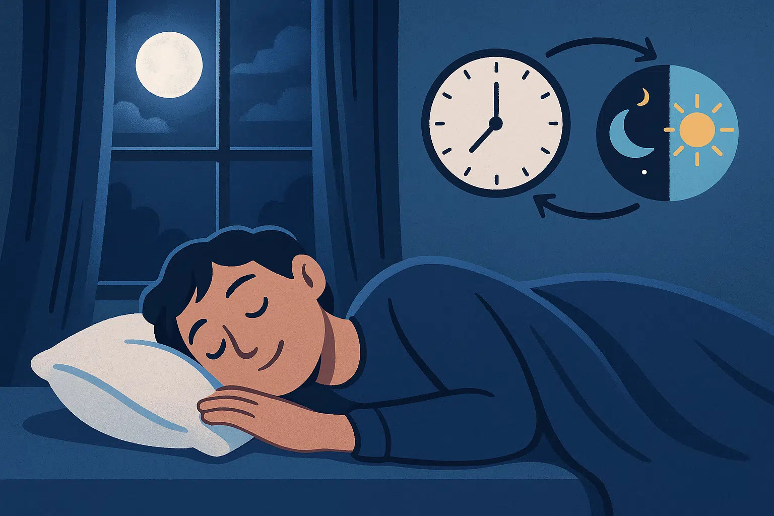 달빛이 비치는 창가에서 평화롭게 잠든 사람, 옆에는 시계 아이콘과 ‘밤-낮 리듬’