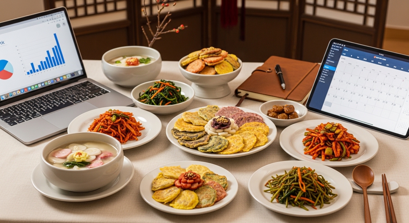 설 명절 상차림과 함께 현대적인 사무용품이 어우러져, 풍요로운 명절과 업무의 조화를 상징하는 이미지.