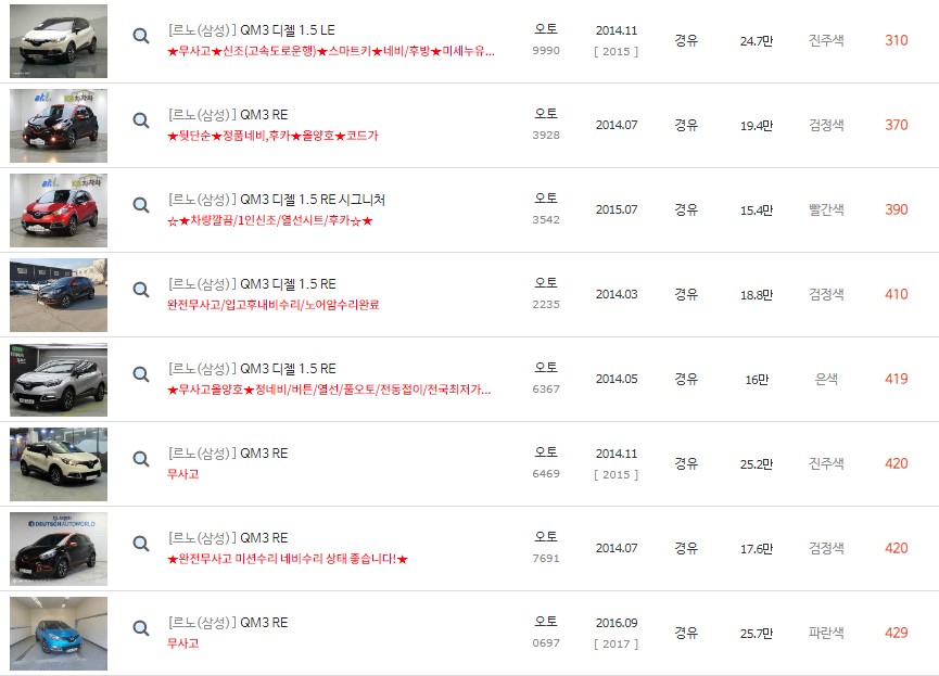 QM3 중고차 최저가 시세 표
