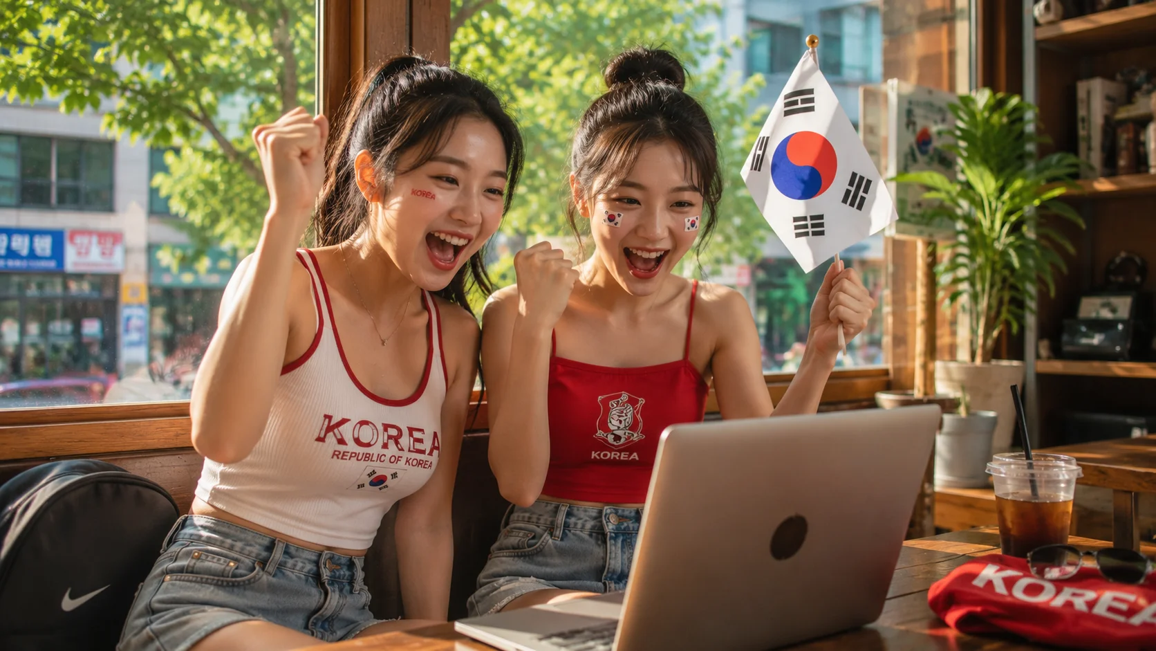 A candid snapshot of two early 20s Korean female university students, half body shot, passionately cheering while watching the 2026 FIFA World Cup on a laptop in a sunlit cafe