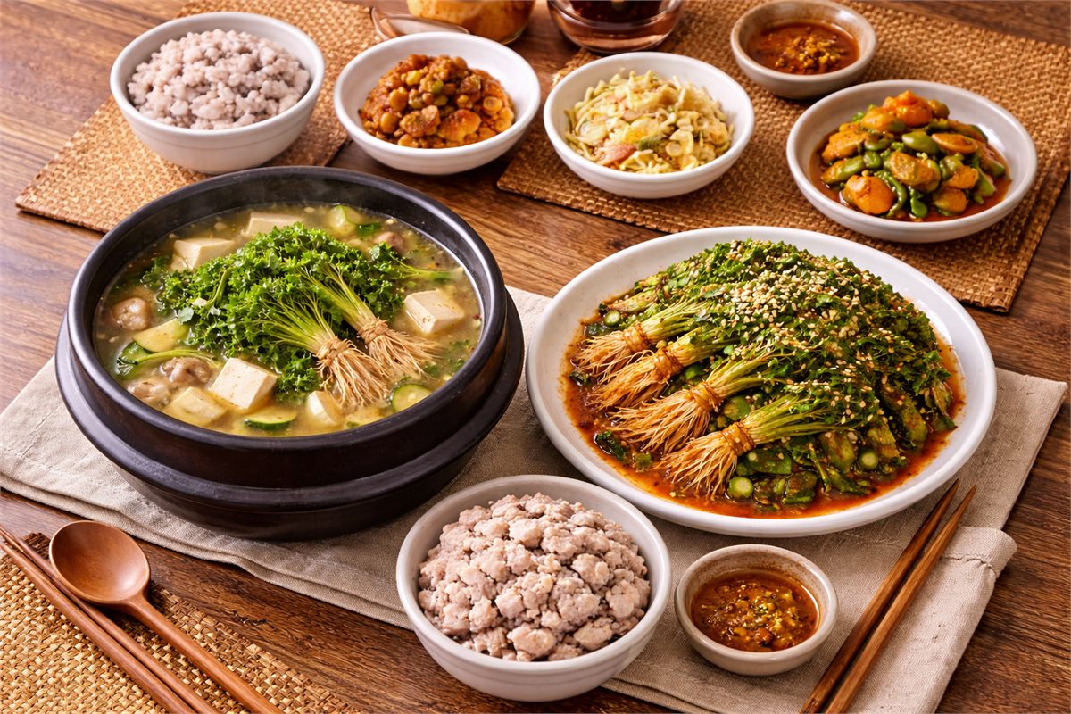 냉이된장국과 냉이무침이 차려진 봄 식탁 장면 