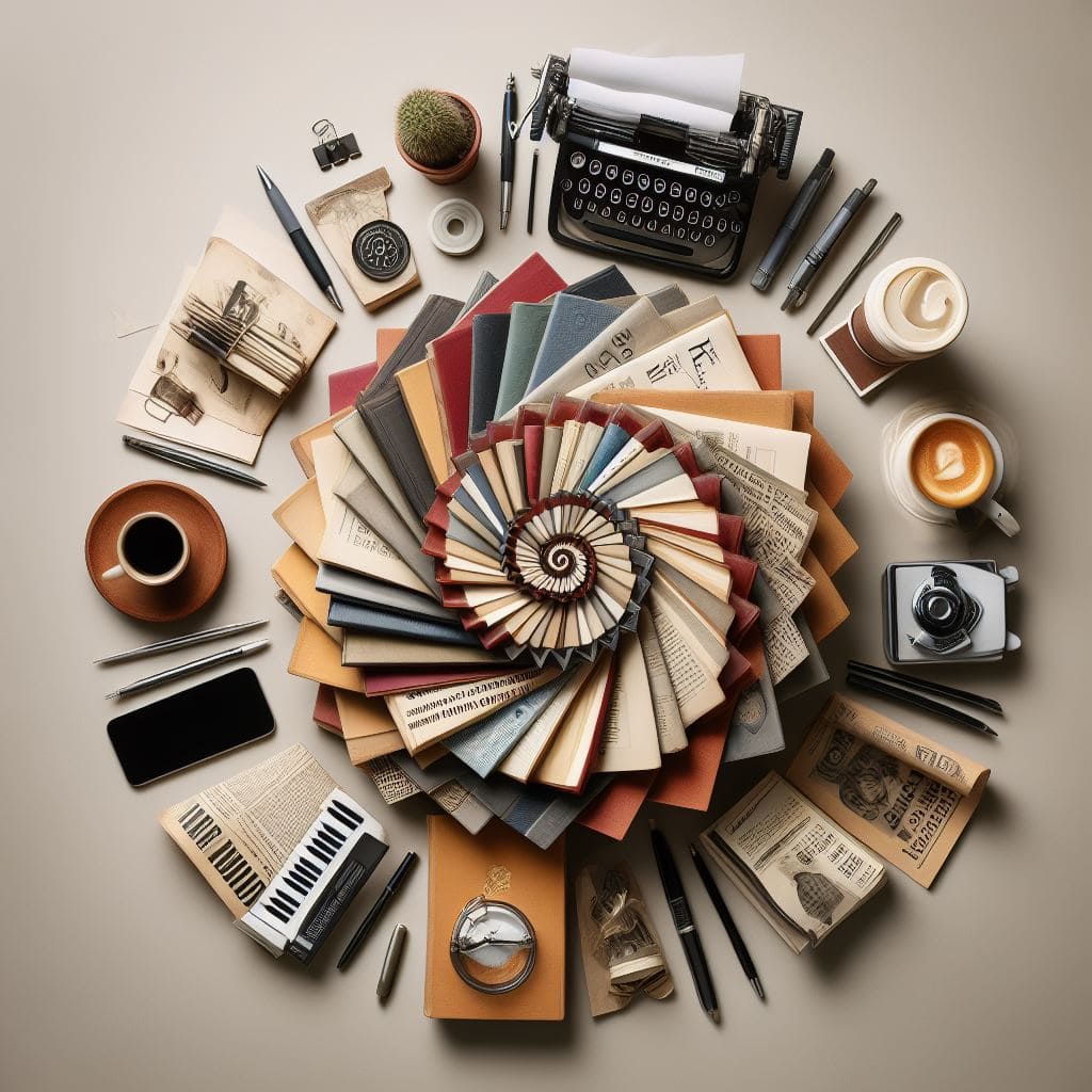 여러 권의 책이 마치 꽃의 모양처럼 겹쳐저 있고 주위로 커피와 신문, 타자기와 필기도구 등이 나열되어 있다.