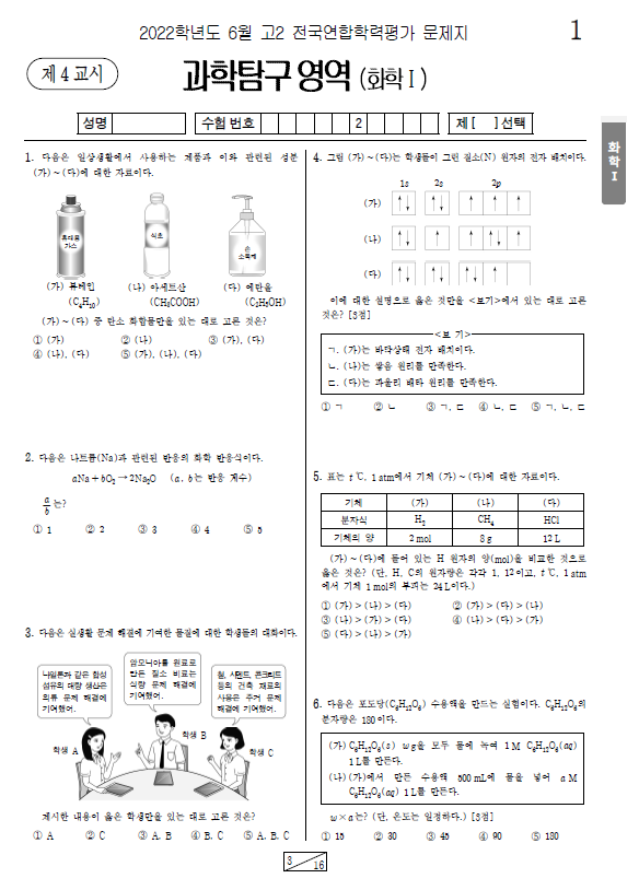 2022-6월-고2-모의고사-화학 1-기출문제-다운