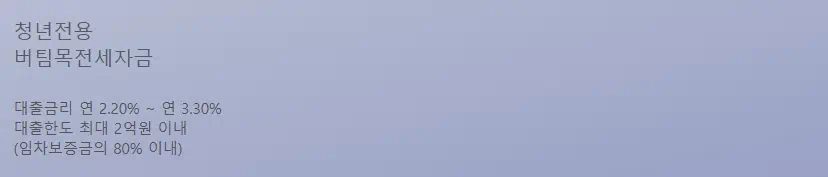 청년전용 버팀목전세자금 대출에 대한 금리와 한도의 문구를 담고있는 사진