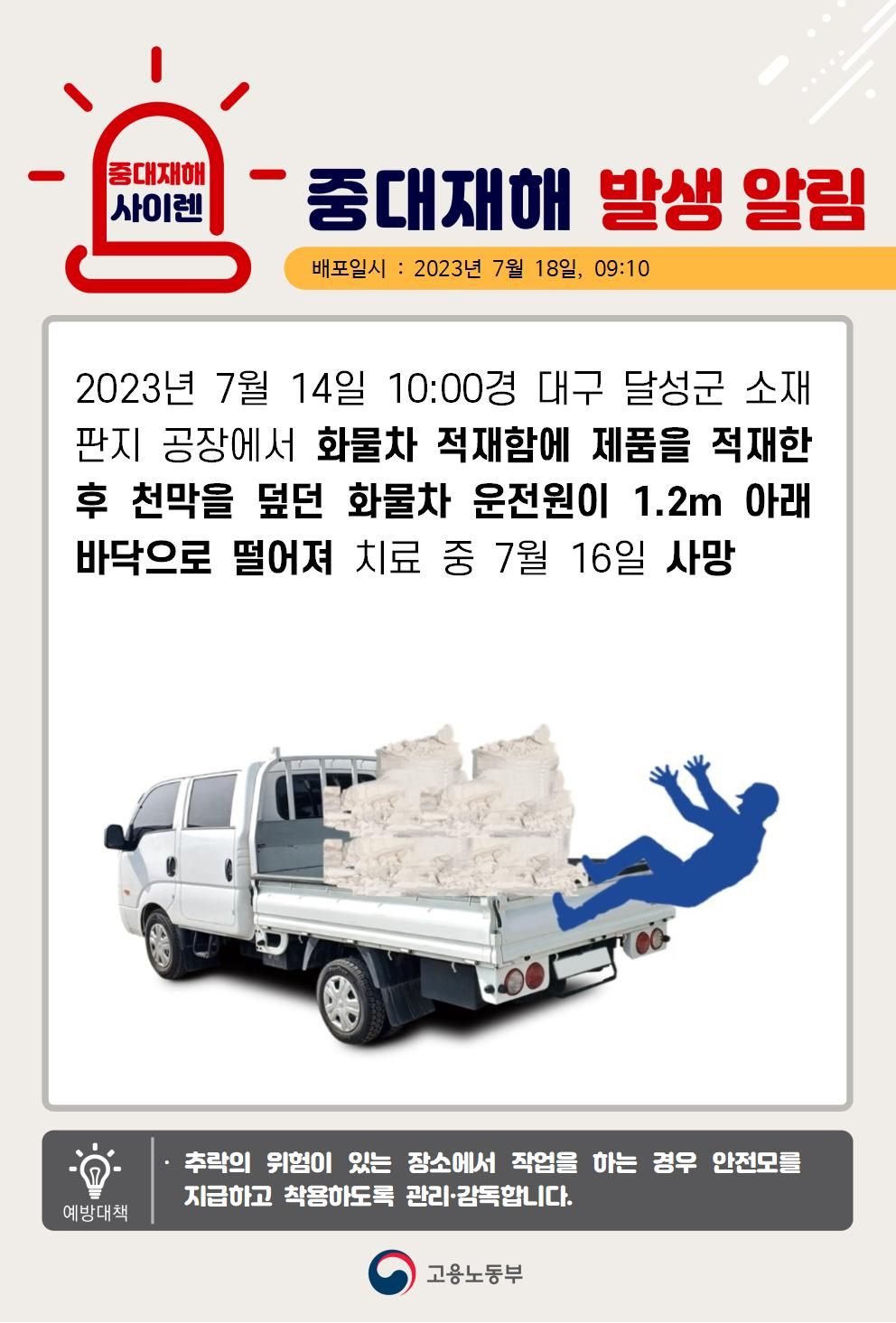 화물차 적재함에 제품적재 후 천막을 덮던 중 떨어짐(1.2m)