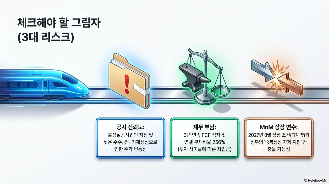 LS 주가 전망: 고속열차 선로 위에 공시 신뢰도·재무 부담·LS MnM 상장 변수 세 가지 리스크를 배치한 인포그래픽. 불성실공시법인 지정, 3년 연속 FCF 적자와 연결 부채비율 256%, 2027년 8월 상장 조건과 중복상장 금지 충돌 가능성을 설명함.
