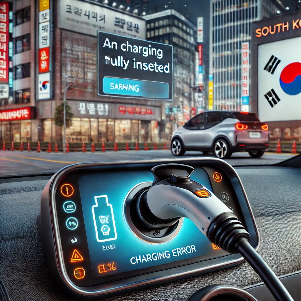 충전 플러그가 완전히 꽂히지 않아 충전 오류 메시지가 표시된 전기차 대시보드