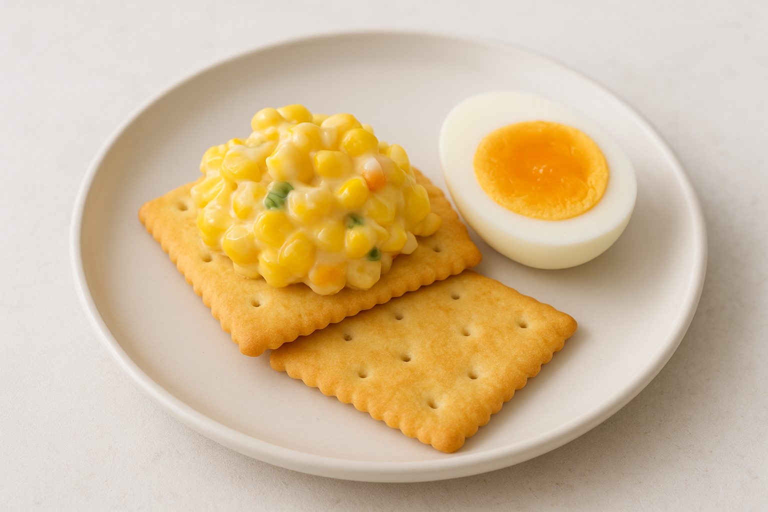 편의점 재료로 만드는 가벼운 단백질 브런치 플레이트 (콘샐러드&middot;크래커&middot;삶은 계란)