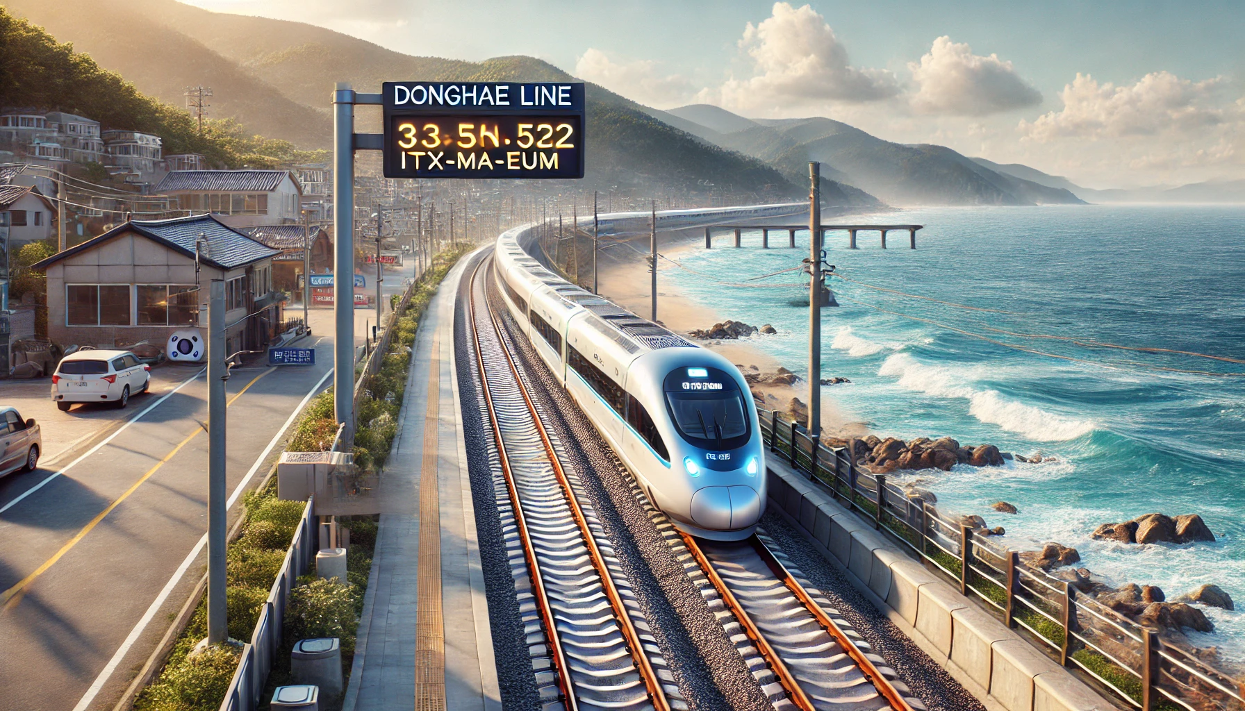 2025년 1월 1일 개통된 동해선 철도를 따라 부산에서 강릉으로 달리는 ITX-마음 열차. 한쪽에는 푸른 바다, 반대편에는 울창한 산이 펼쳐진 아름다운 풍경. 디지털 역 안내판에 약 3시간 52분 소요 시간이 표시된 모습.