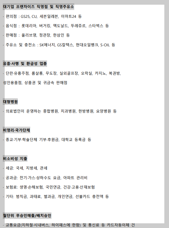 소비액 불인정 사용처