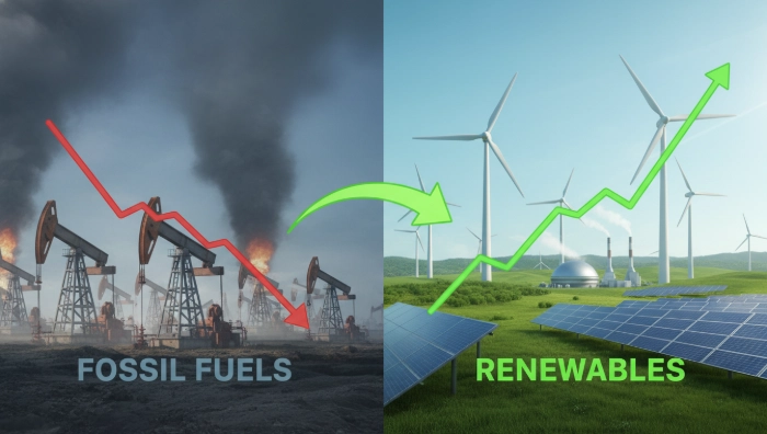 화석 연료에서 태양광, 풍력, 원자력 등 친환경 재생에너지로 전환되는 에너지 정책의 변화를 시각적으로 보여주는 그림.