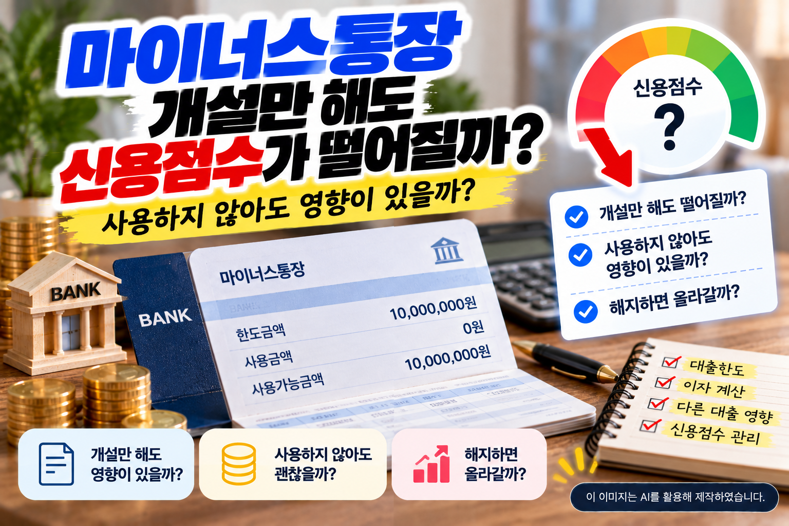 마이너스통장 개설만 해도 신용점수가 떨어지는지, 미사용 한도와 대출 심사에 미치는 영향을 설명하는 이미지
