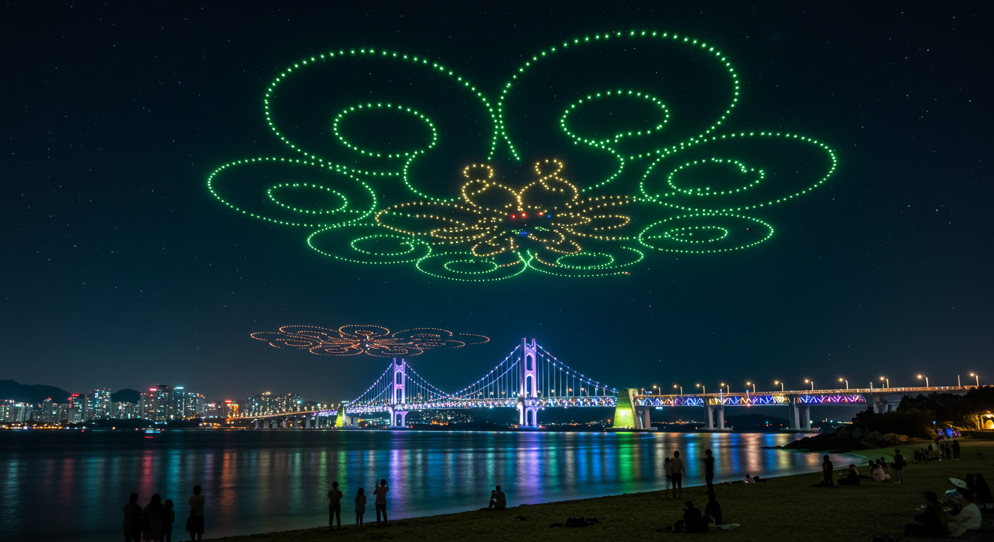 광안리 백사장에 광안대교가 반짝이고 있고 수백대의 드론이 하늘에서 형형색색 무늬를 만들고 있는 장면