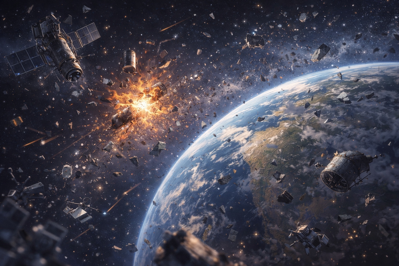 지구 궤도 주변에서 인공위성 파편과 우주 쓰레기가 충돌하며 흩어져 있는 우주 장면