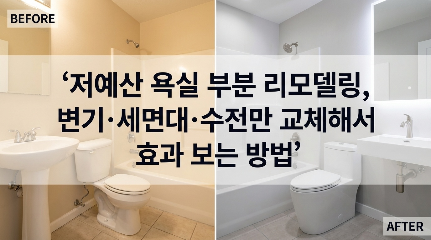 저예산 욕실 리모델링! 변기·세면대·수전만 교체해도 50만 원대로 새단장 가능. 전체 공사 대비 10분의 1 비용, 하루 만에 완료. 절수 효과로 수도 요금 절약까지. DIY 방법과 예산별 시나리오 완벽 정리