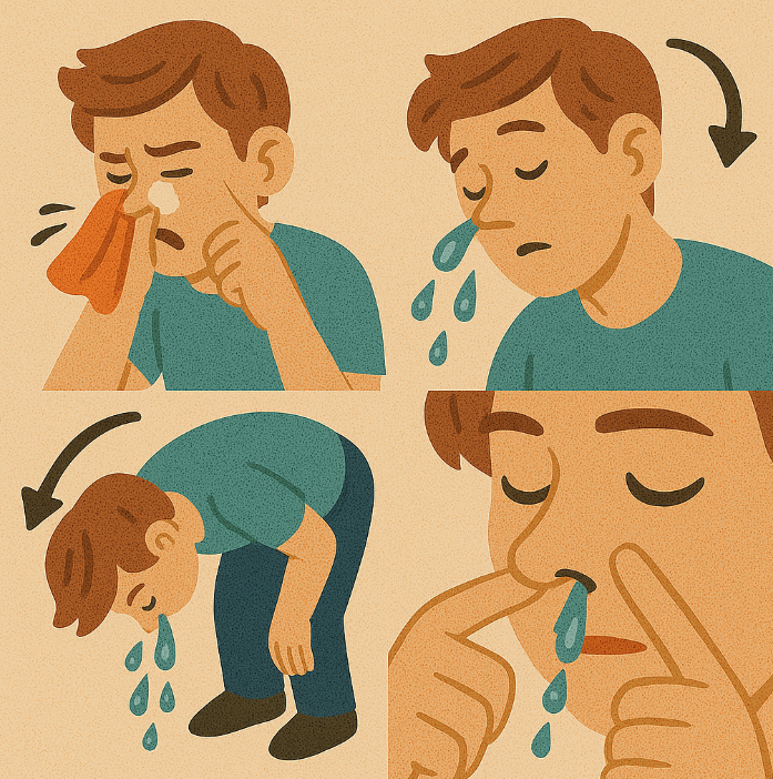 식염수 코세척 후 물기 제거 방법을 보여주는 남성 일러스트 &ndash; 고개 숙이기, 콧물 배출, 코 풀기 순서