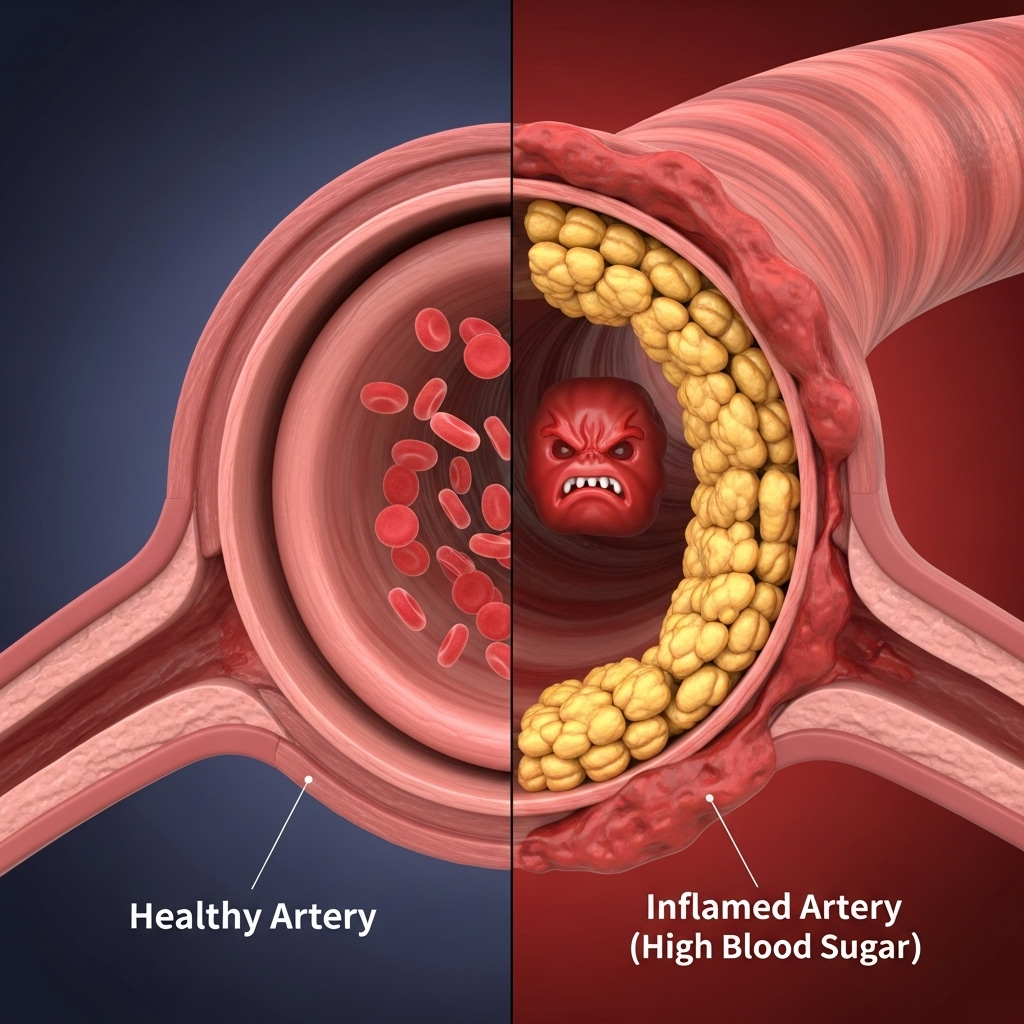 건강하고 깨끗한 혈관과, 염증과 플라크로 좁아진 혈관을 나란히 보여주는 3D 비교 이미지