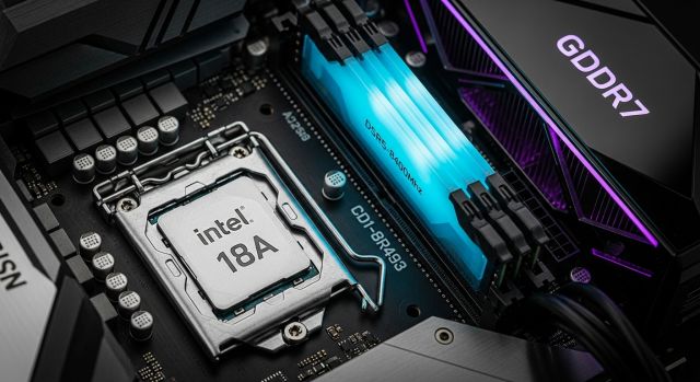 2026년 최신 인텔 18A 공정 CPU와 DDR5 8400MHz 메모리, RTX 5090 그래픽카드가 장착된 하이엔드 메인보드 상세 사진