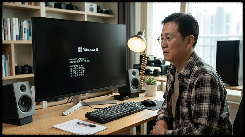 Windows 11 컴퓨터를 켤 때마다 CHKDSK 디스크 검사가 반복 실행되는 모습