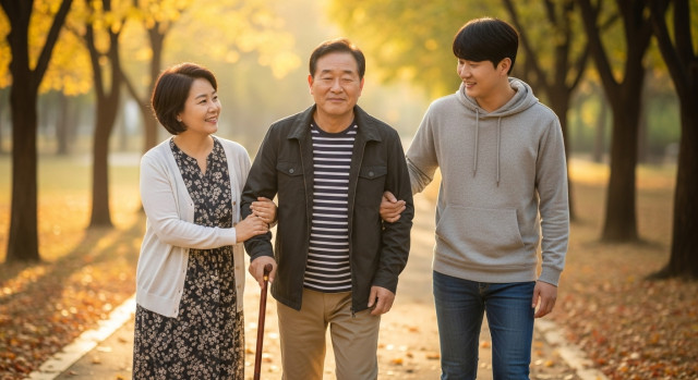 보호자와 함께 걷는 중장년 시각장애인