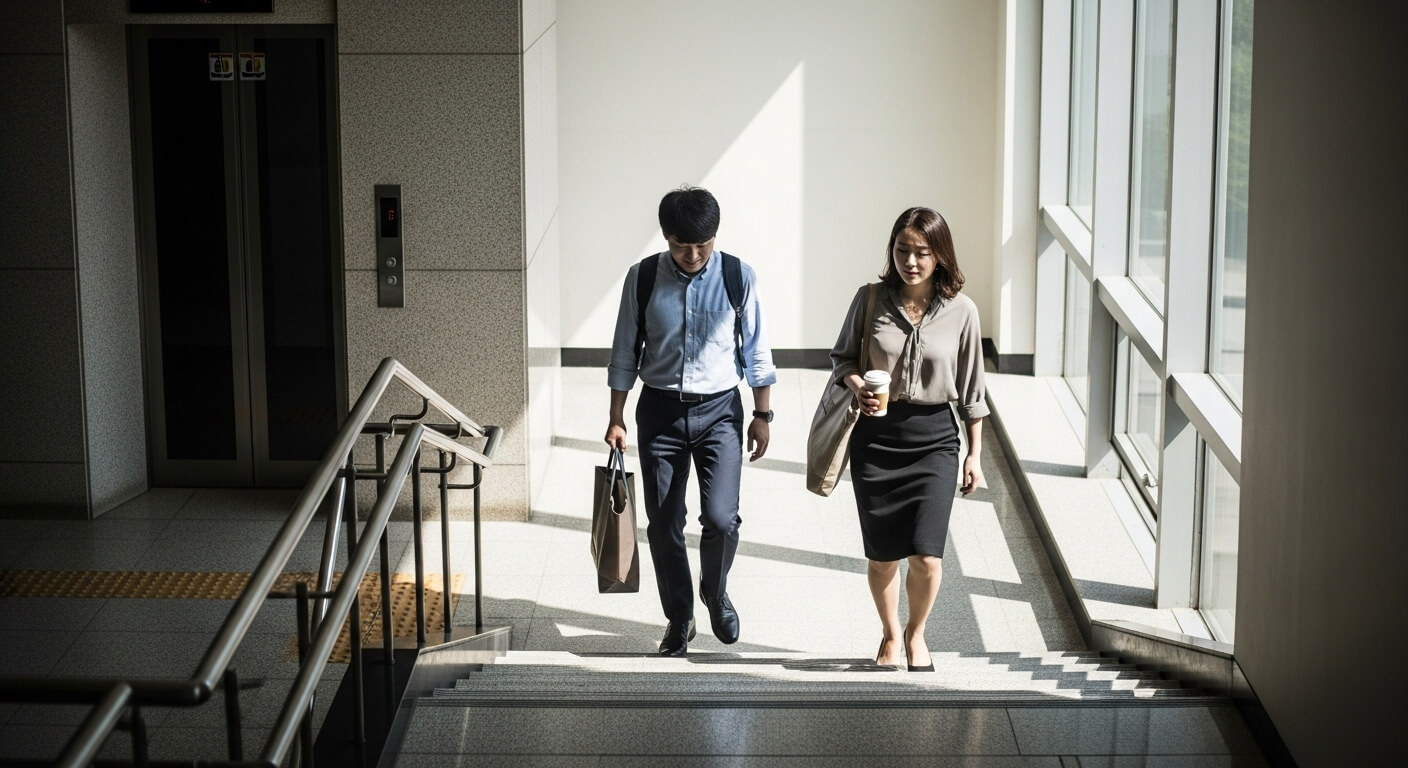 엘리베이터 옆 계단을 이용해 오르내리는 남성과 여성 직장인의 모습