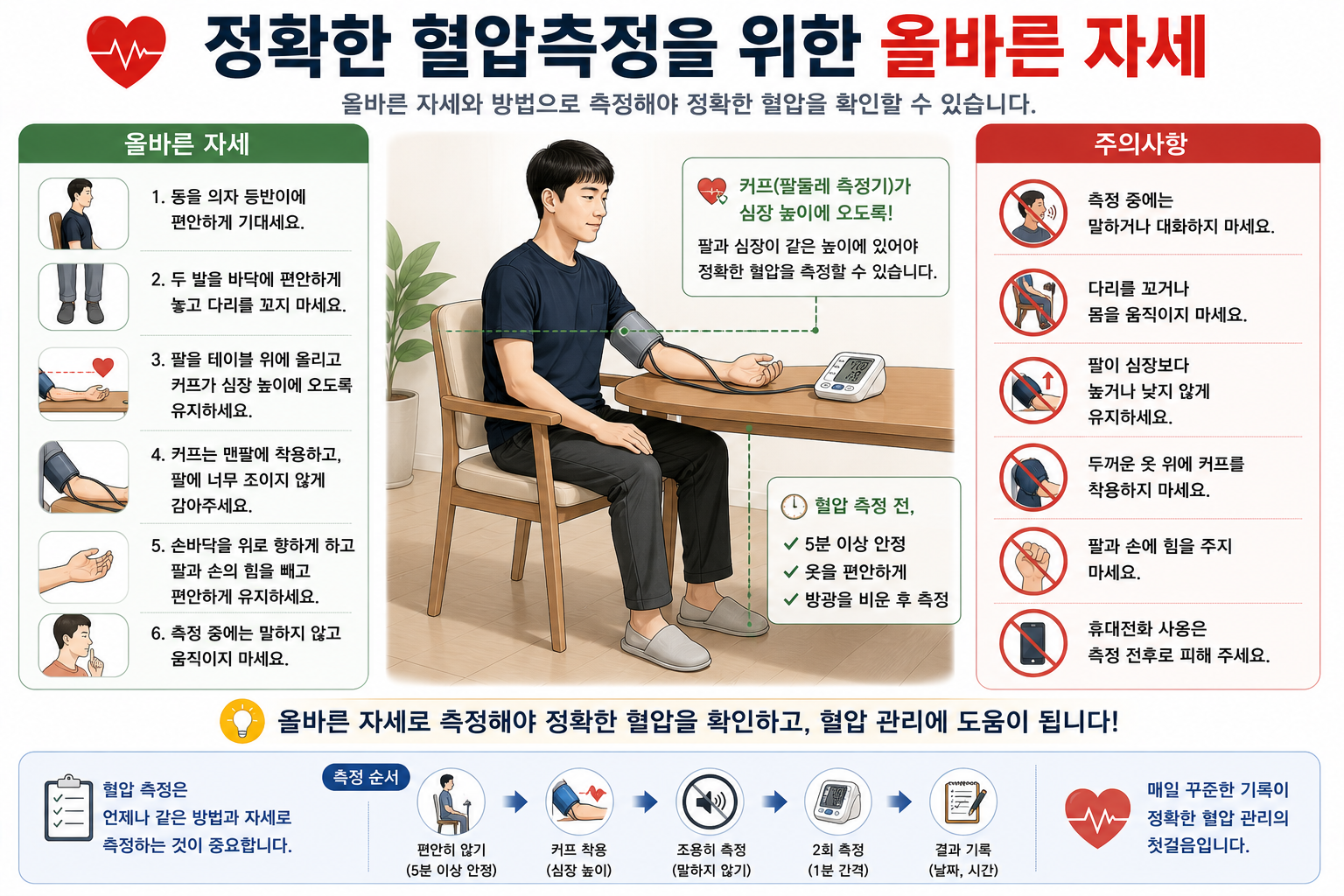 등과 팔을 지지하고 발을 바닥에 두는 올바른 혈압 측정 자세