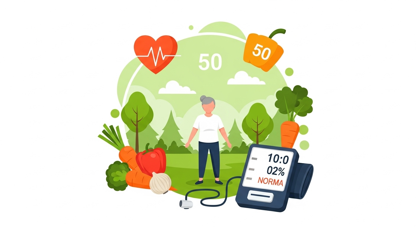50대 남녀가 활기차게 생활하며 혈압을 성공적으로 관리하는 모습을 담은 일러스트. 건강한 식단, 규칙적인 운동, 스트레스 관리 등 긍정적인 생활 습관이 강조되어 있습니다.