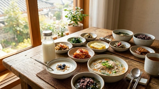 저지방 우유와 플레인 요거트가 놓인 아침 식탁